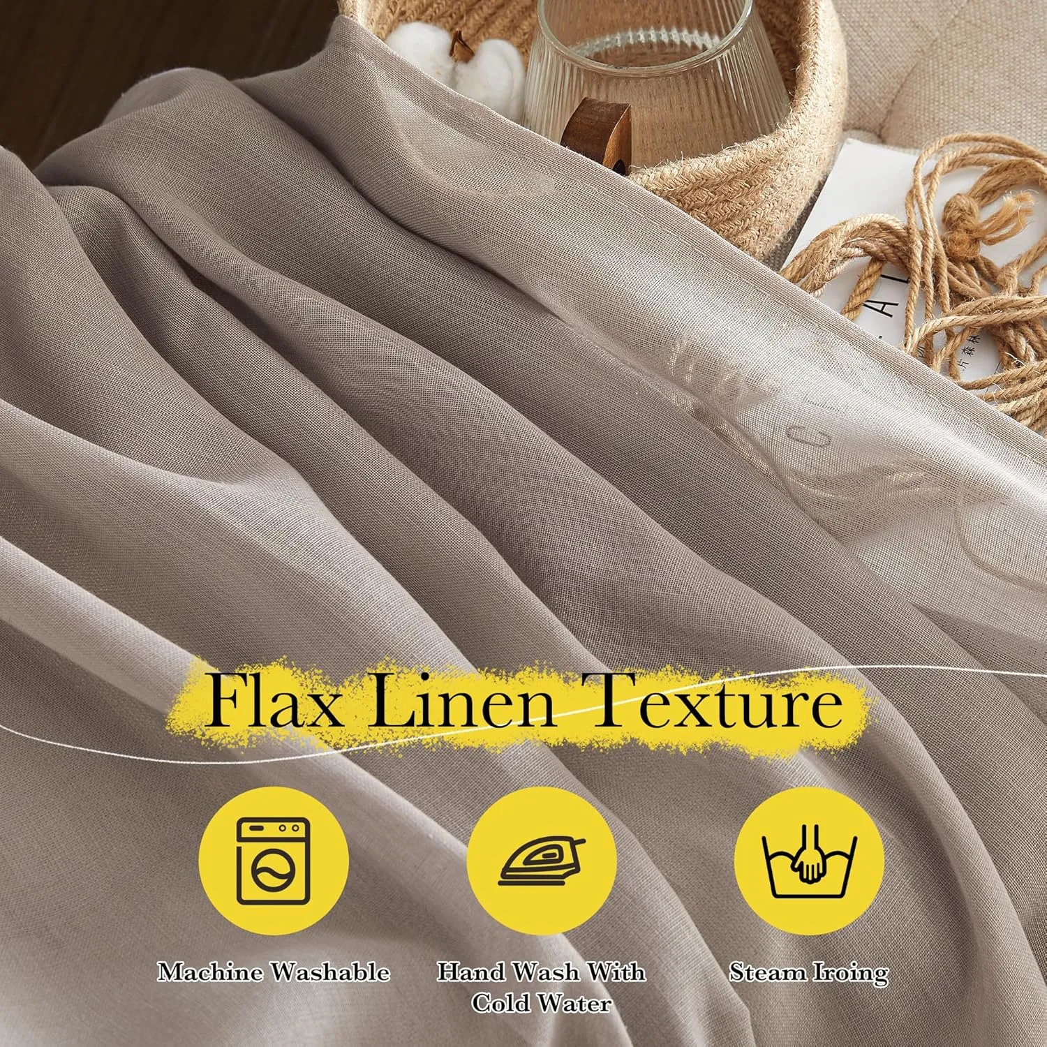 NICETOWN Faux Linen Semi Sheer Living Room Curtains, (Burlap) Rod Pocket & Back Tab Balance Privacy with Light Filtering Window Treatments for Bedroom/Living Room, W52 x L95, 2 Panels