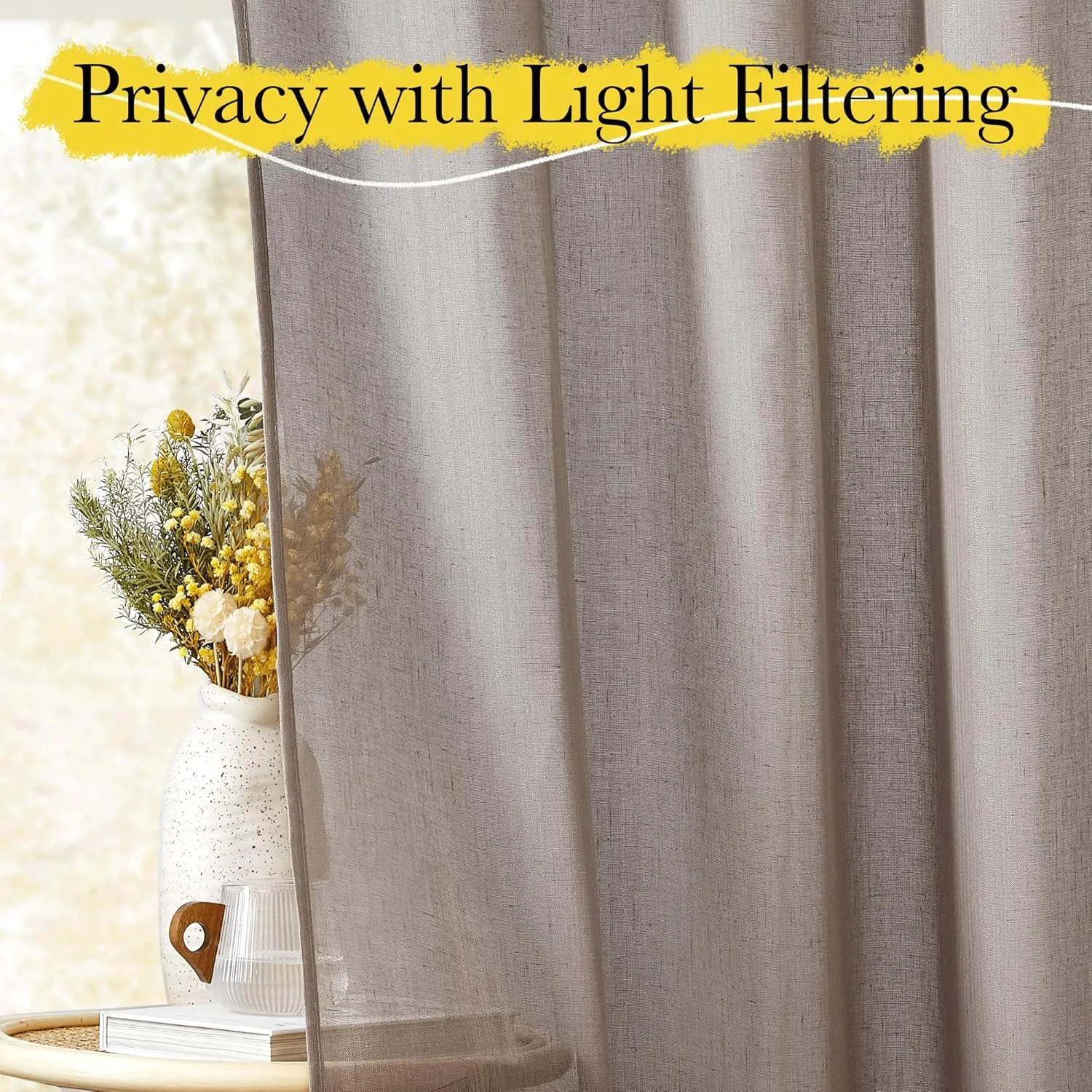 NICETOWN Faux Linen Semi Sheer Living Room Curtains, (Burlap) Rod Pocket & Back Tab Balance Privacy with Light Filtering Window Treatments for Bedroom/Living Room, W52 x L95, 2 Panels
