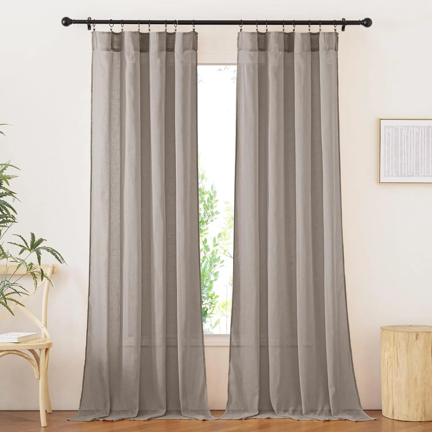 NICETOWN Faux Linen Semi Sheer Living Room Curtains, (Burlap) Rod Pocket & Back Tab Balance Privacy with Light Filtering Window Treatments for Bedroom/Living Room, W52 x L95, 2 Panels