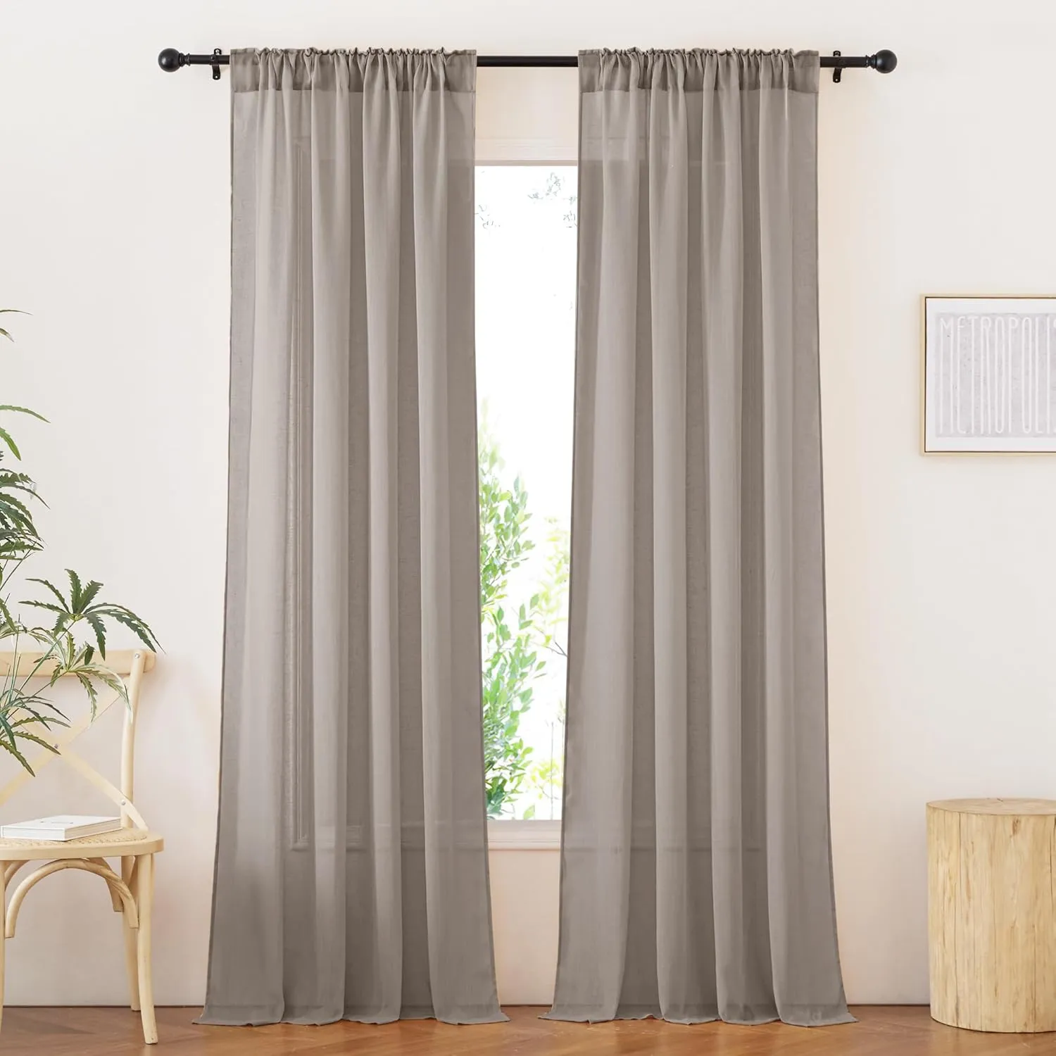 NICETOWN Faux Linen Semi Sheer Living Room Curtains, (Burlap) Rod Pocket & Back Tab Balance Privacy with Light Filtering Window Treatments for Bedroom/Living Room, W52 x L95, 2 Panels