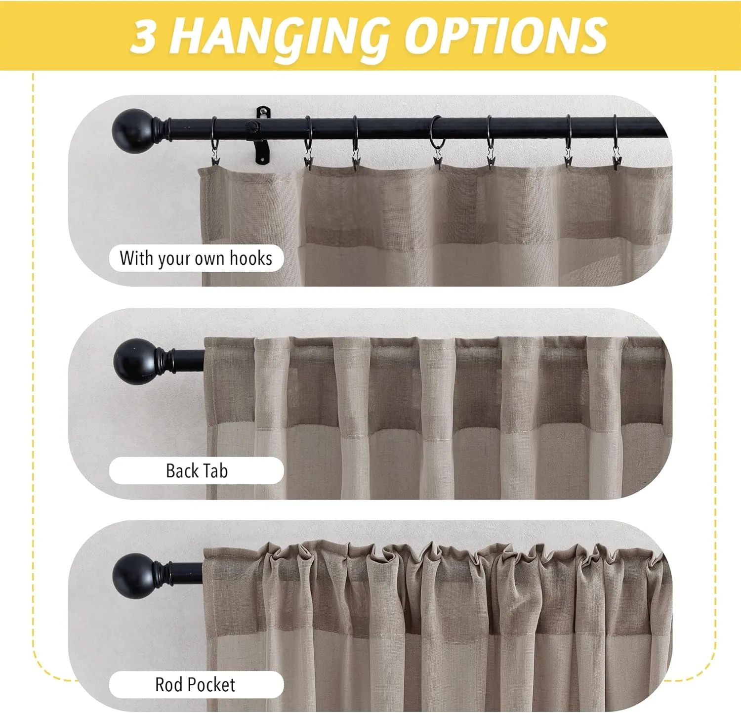 NICETOWN Faux Linen Semi Sheer Living Room Curtains, (Burlap) Rod Pocket & Back Tab Balance Privacy with Light Filtering Window Treatments for Bedroom/Living Room, W52 x L95, 2 Panels