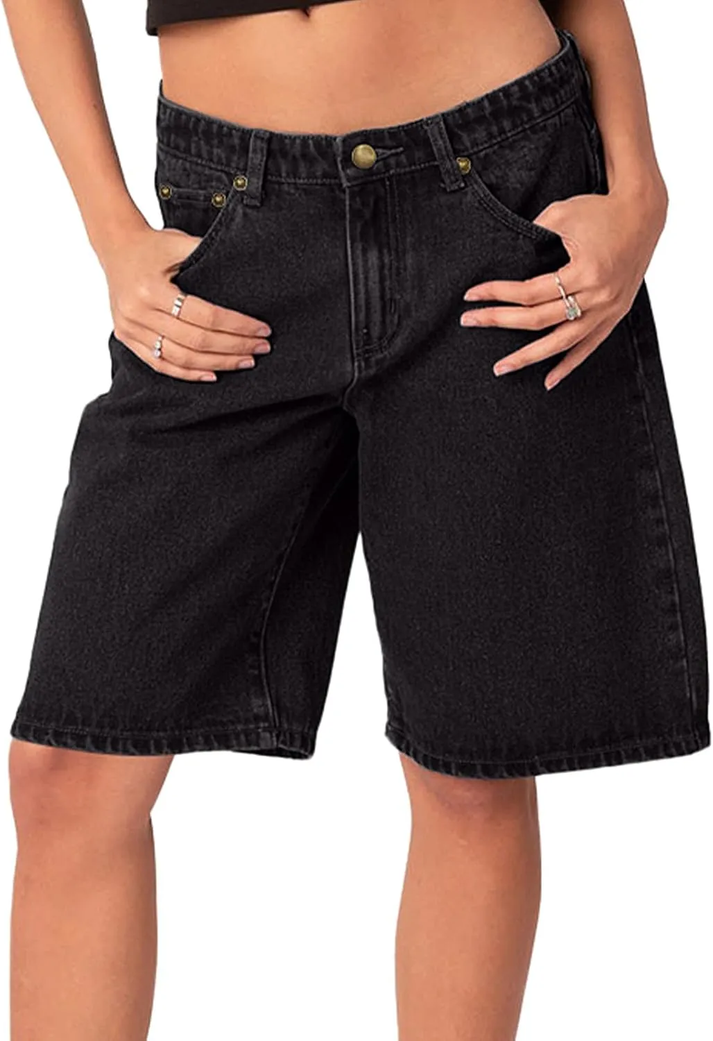 NIMIN Bermuda Shorts for Women Mid Waisted Y2K Summer Casual Jeans Shorts Loose Fit Jorts Knee Length Denim Shorts