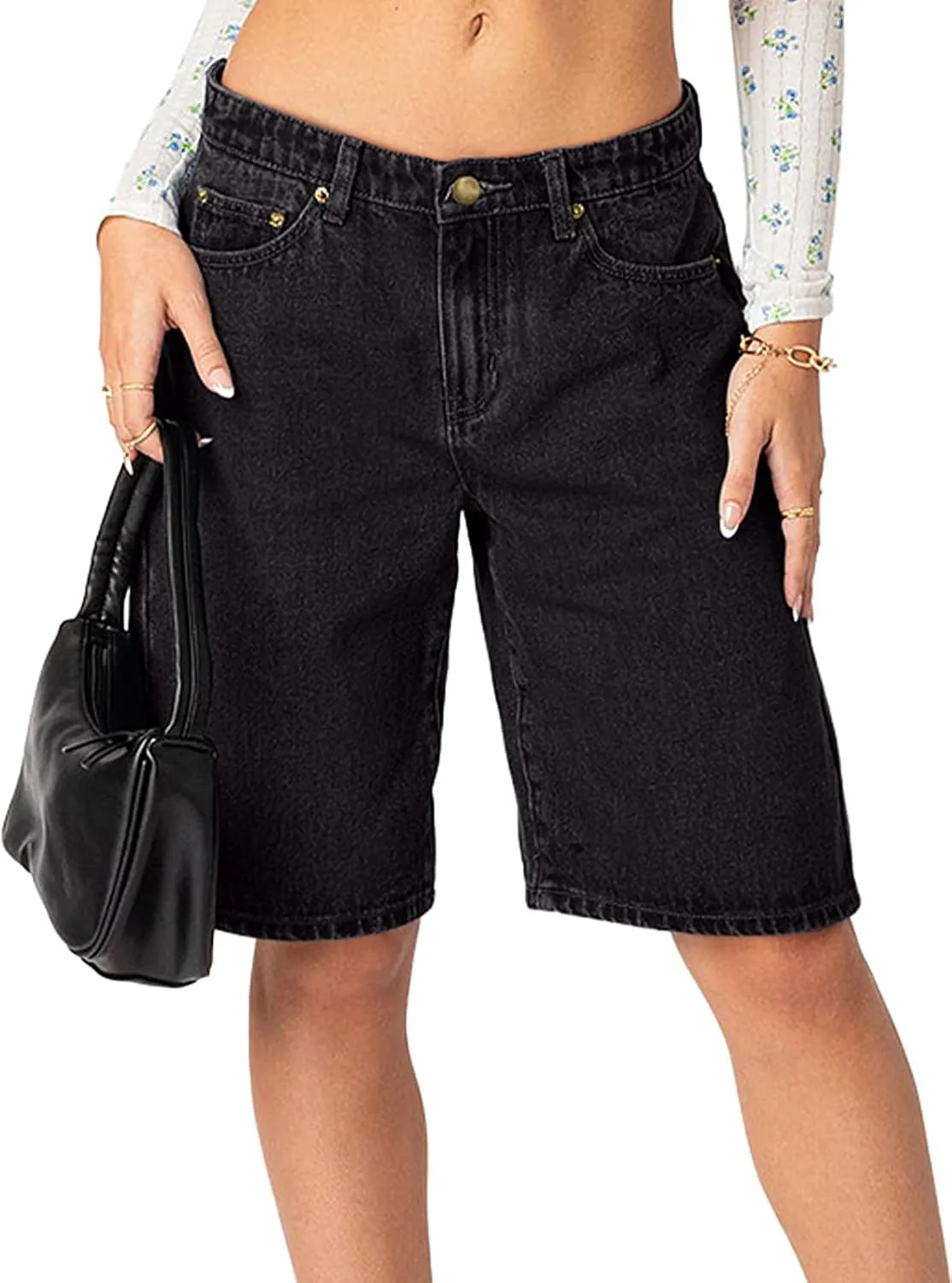 NIMIN Bermuda Shorts for Women Mid Waisted Y2K Summer Casual Jeans Shorts Loose Fit Jorts Knee Length Denim Shorts