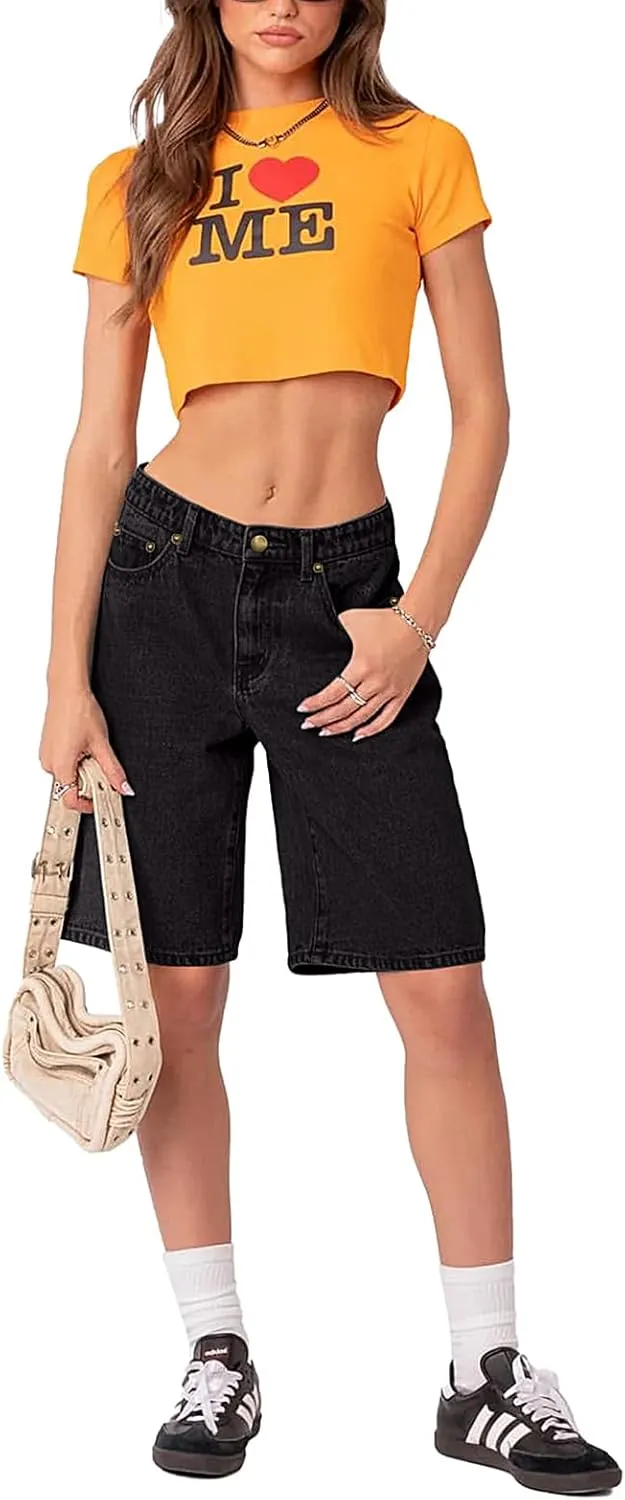 NIMIN Bermuda Shorts for Women Mid Waisted Y2K Summer Casual Jeans Shorts Loose Fit Jorts Knee Length Denim Shorts