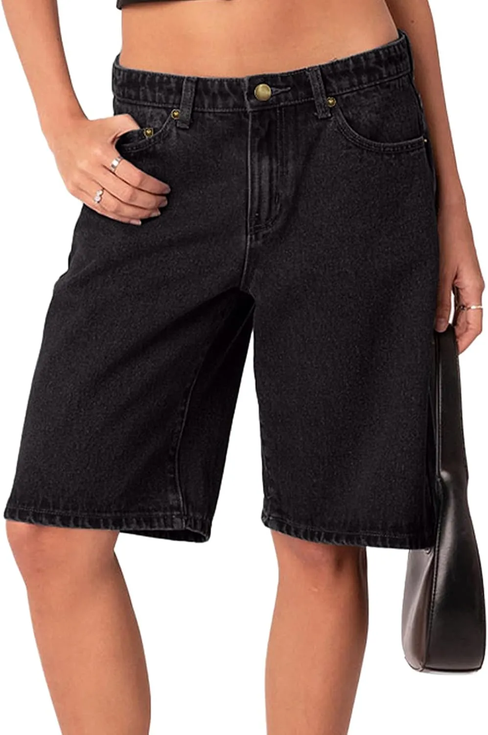 NIMIN Bermuda Shorts for Women Mid Waisted Y2K Summer Casual Jeans Shorts Loose Fit Jorts Knee Length Denim Shorts