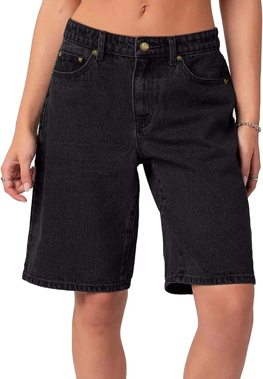 NIMIN Bermuda Shorts for Women Mid Waisted Y2K Summer Casual Jeans Shorts Loose Fit Jorts Knee Length Denim Shorts
