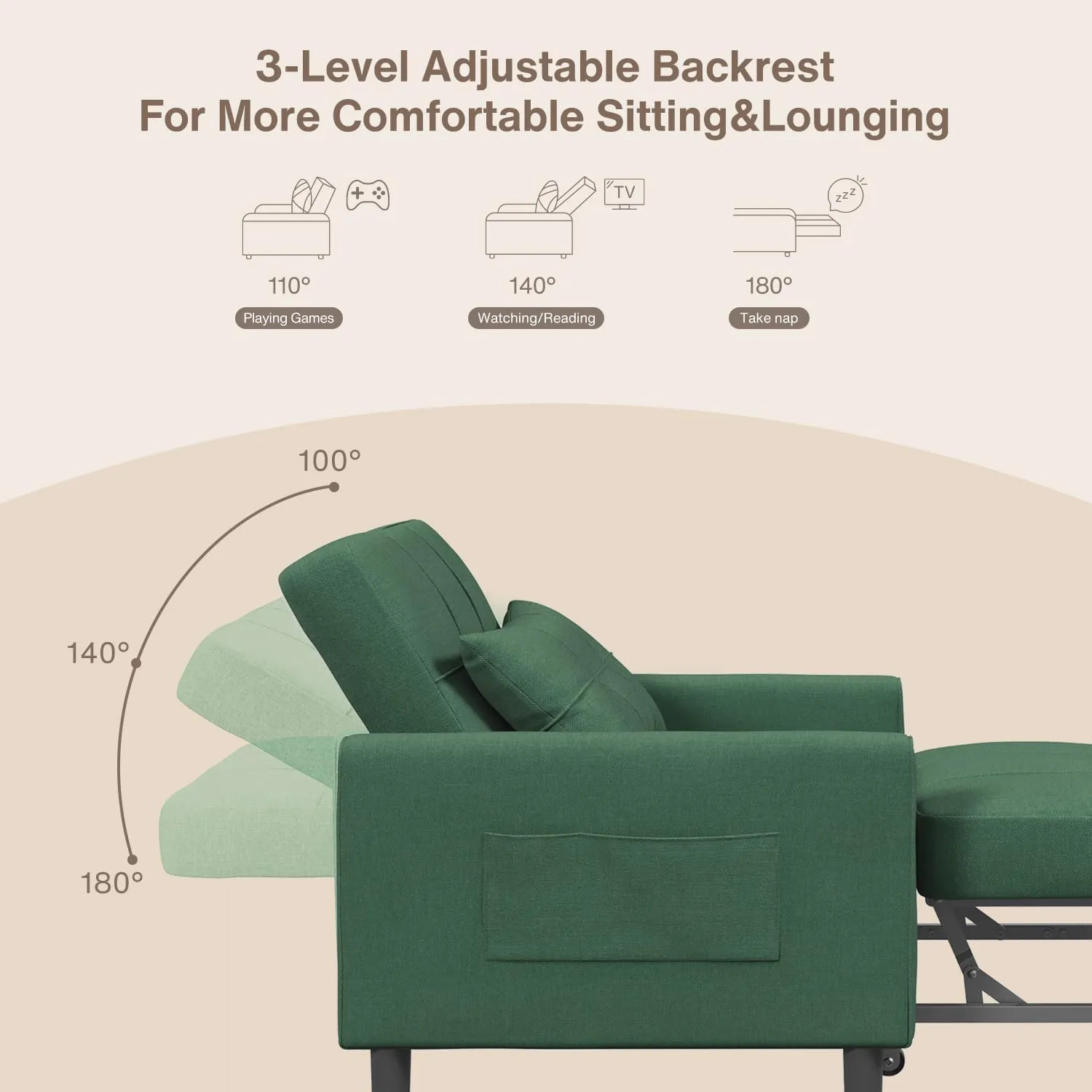 Noelse Convertible Chair Bed Sleeper, 3-in-1 Sofa Bed Sleeper Chair, Pollout Futon Sofa Chair Adjustable Backrest Armchair with Velvet Fabric for Living Room Apartment, Green