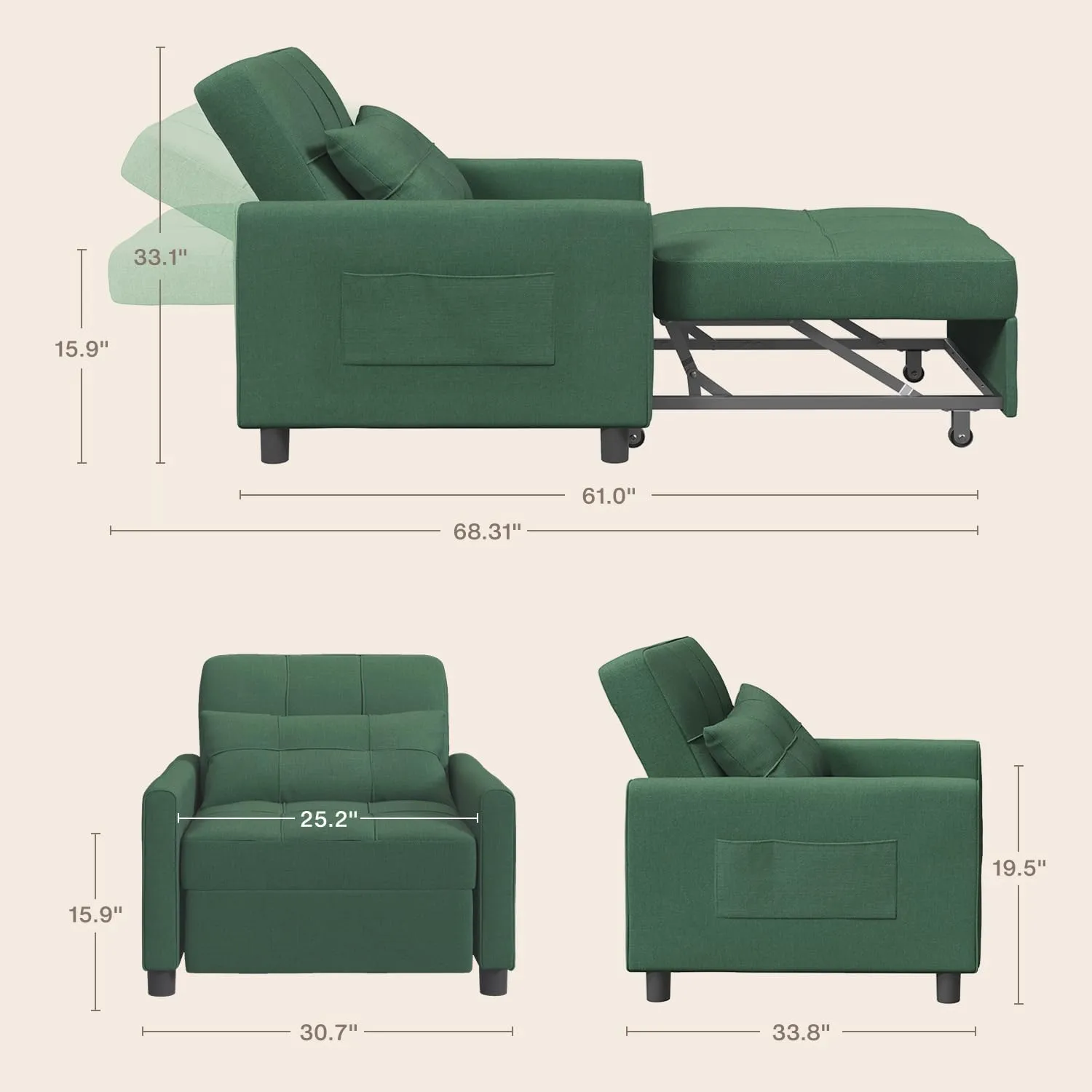 Noelse Convertible Chair Bed Sleeper, 3-in-1 Sofa Bed Sleeper Chair, Pollout Futon Sofa Chair Adjustable Backrest Armchair with Velvet Fabric for Living Room Apartment, Green