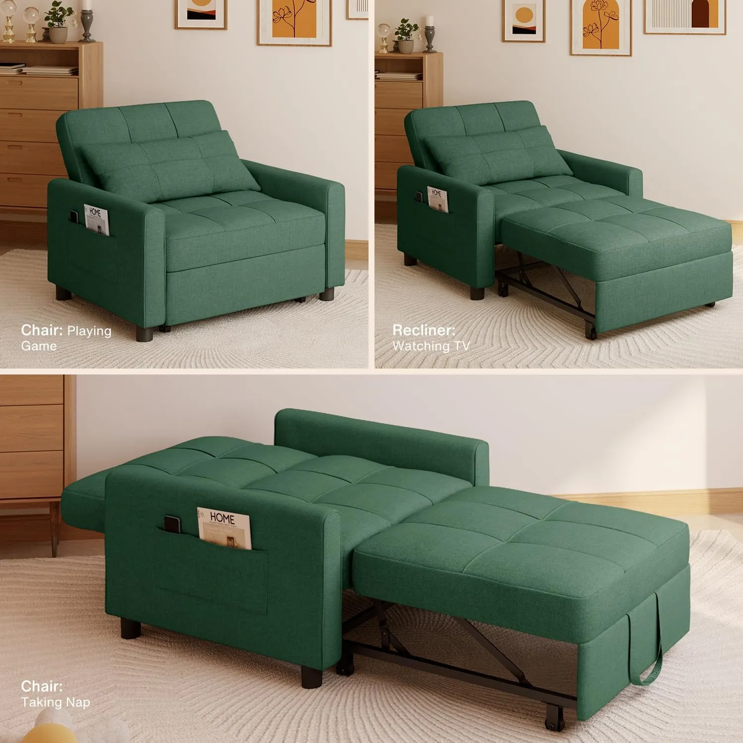 Noelse Convertible Chair Bed Sleeper, 3-in-1 Sofa Bed Sleeper Chair, Pollout Futon Sofa Chair Adjustable Backrest Armchair with Velvet Fabric for Living Room Apartment, Green
