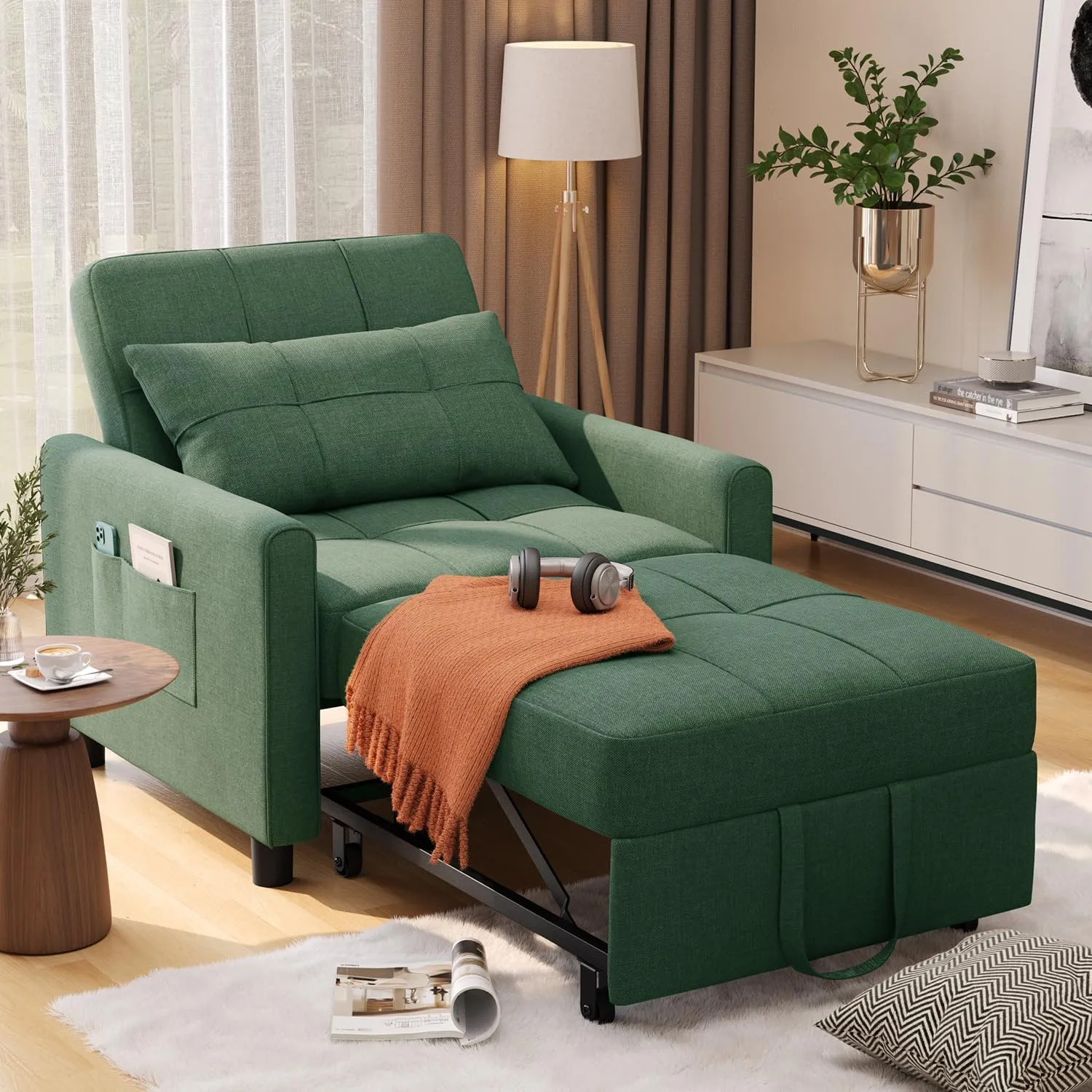 Noelse Convertible Chair Bed Sleeper, 3-in-1 Sofa Bed Sleeper Chair, Pollout Futon Sofa Chair Adjustable Backrest Armchair with Velvet Fabric for Living Room Apartment, Green