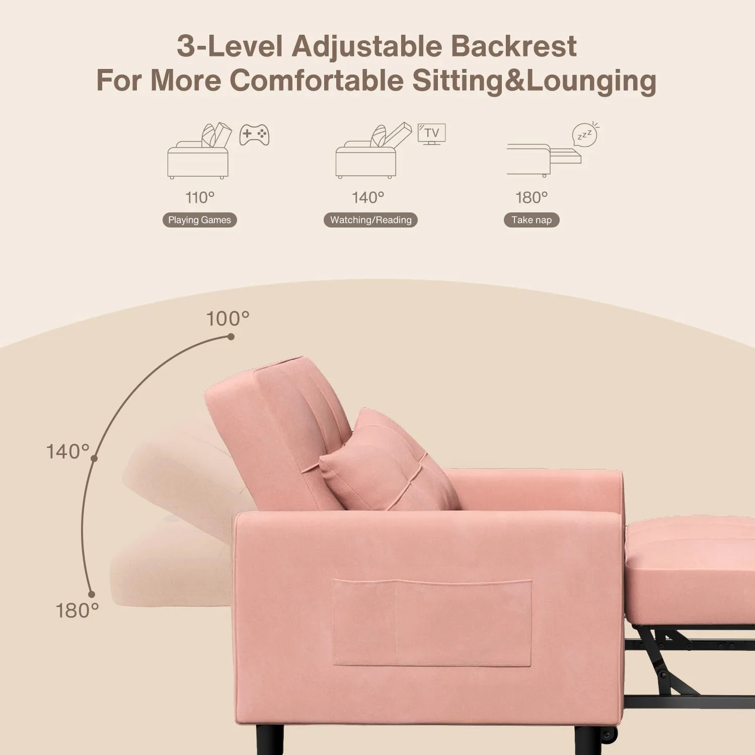 Noelse Convertible Chair Bed Sleeper, 3-in-1 Sofa Bed Sleeper Chair, Pollout Futon Sofa Chair Adjustable Backrest Armchair with Velvet Fabric for Living Room Apartment, Pink