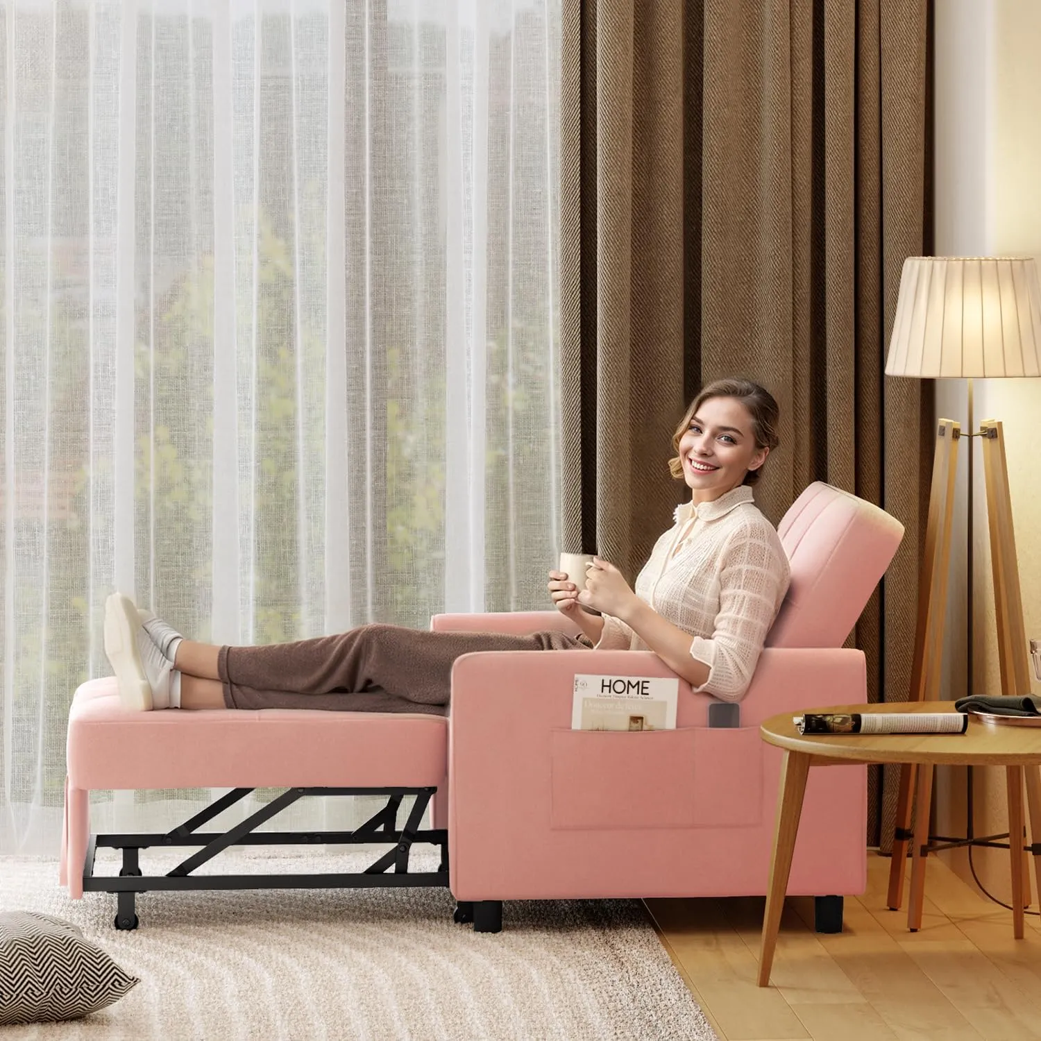 Noelse Convertible Chair Bed Sleeper, 3-in-1 Sofa Bed Sleeper Chair, Pollout Futon Sofa Chair Adjustable Backrest Armchair with Velvet Fabric for Living Room Apartment, Pink