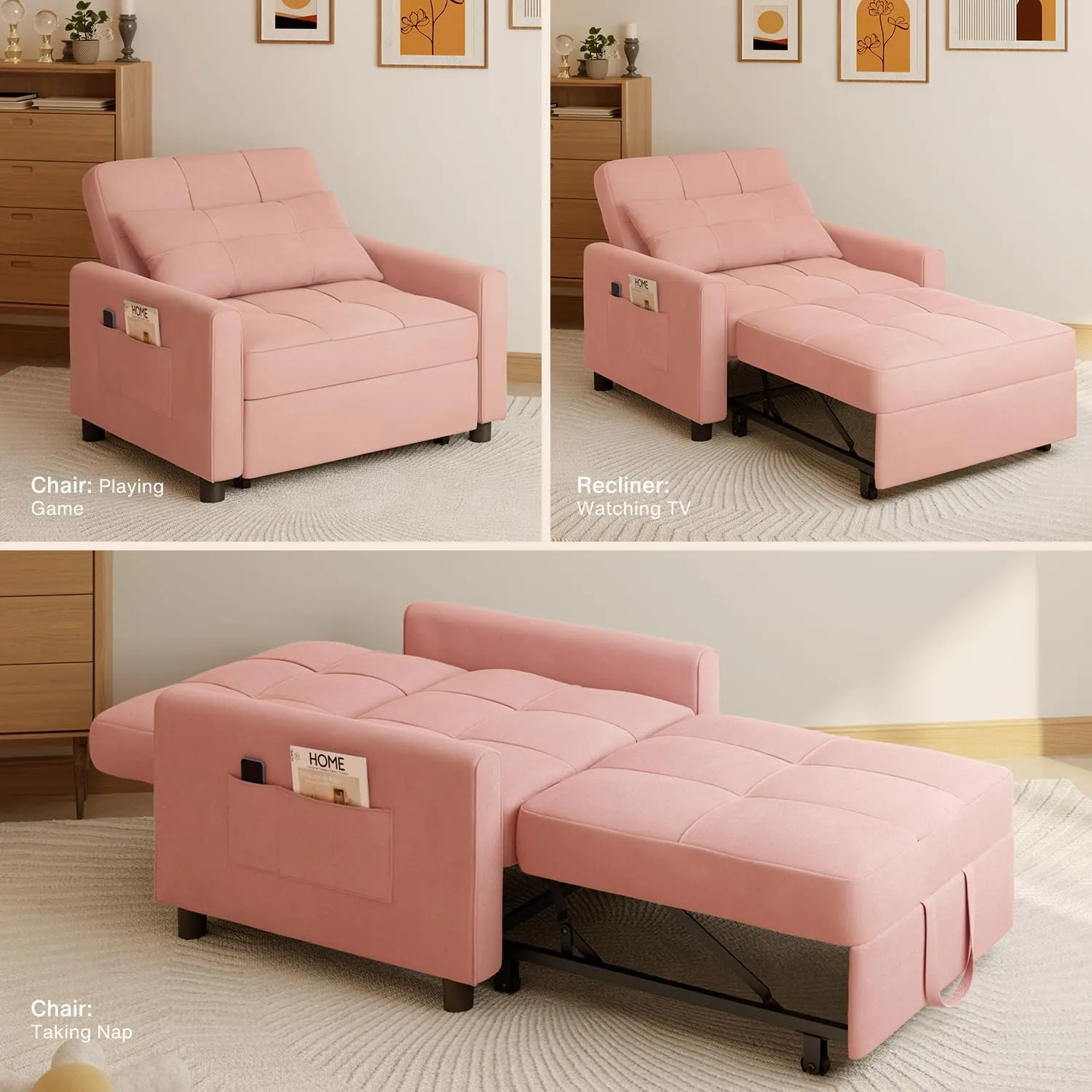 Noelse Convertible Chair Bed Sleeper, 3-in-1 Sofa Bed Sleeper Chair, Pollout Futon Sofa Chair Adjustable Backrest Armchair with Velvet Fabric for Living Room Apartment, Pink