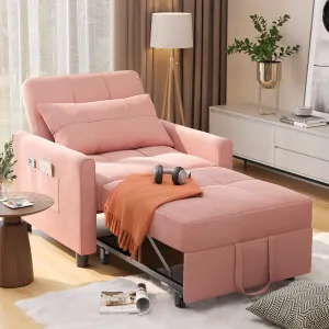 Noelse Convertible Chair Bed Sleeper, 3-in-1 Sofa Bed Sleeper Chair, Pollout Futon Sofa Chair Adjustable Backrest Armchair with Velvet Fabric for Living Room Apartment, Pink