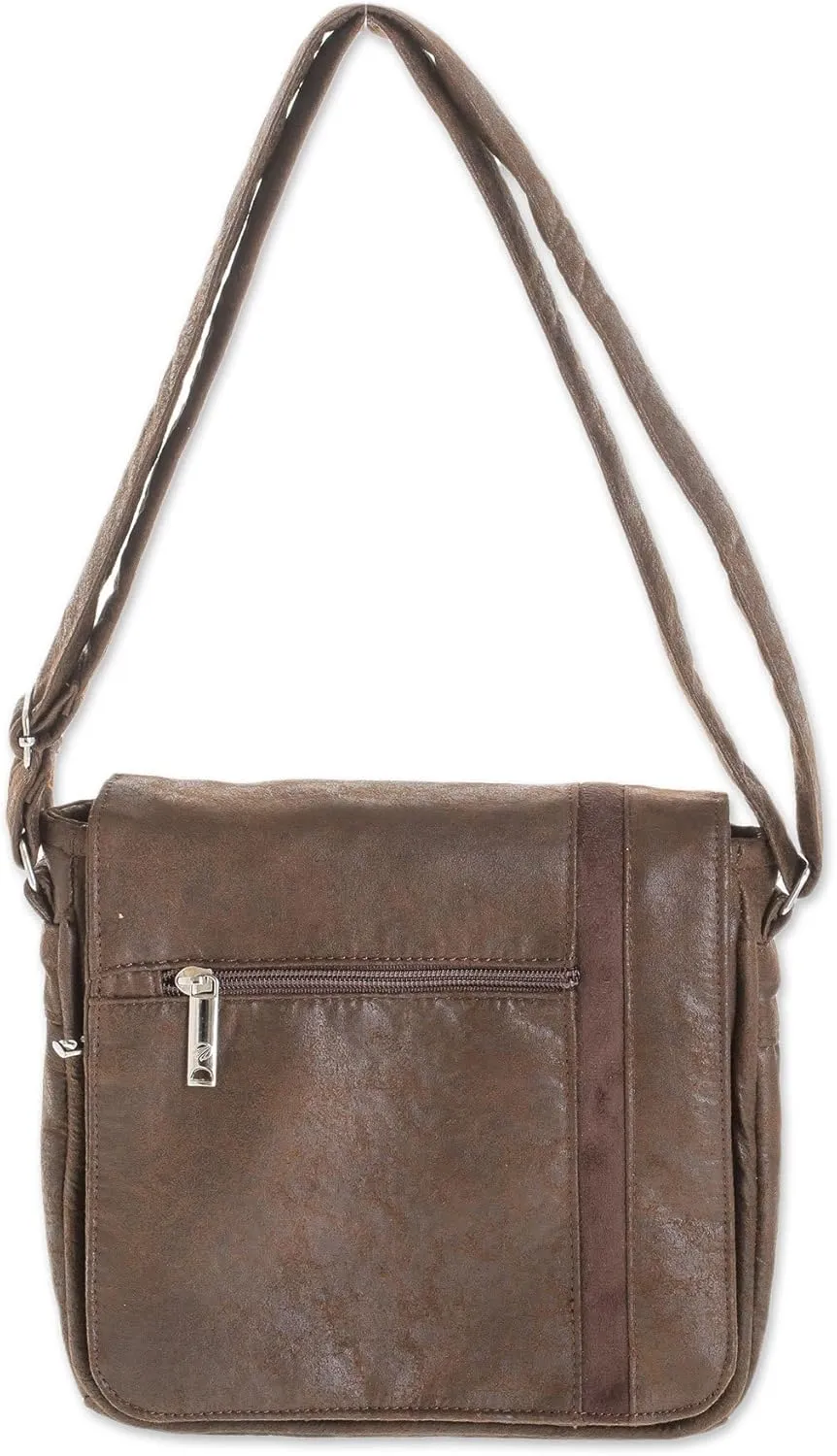 NOVICA Artisan Handmade Faux Leather Messenger Bag in Chocolate from Costa Rica Brown Solid 'Chocolate Travels'