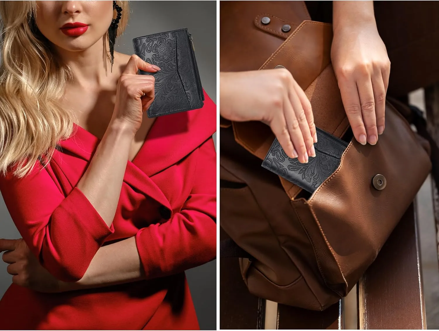 Oak Leathers Leather Wallet For Women - Small RFID Coin Purse Credit Card & ID Holder for Ladies, Gift for Women's, Bifold Wallets (Crazy Horse Black Flower)