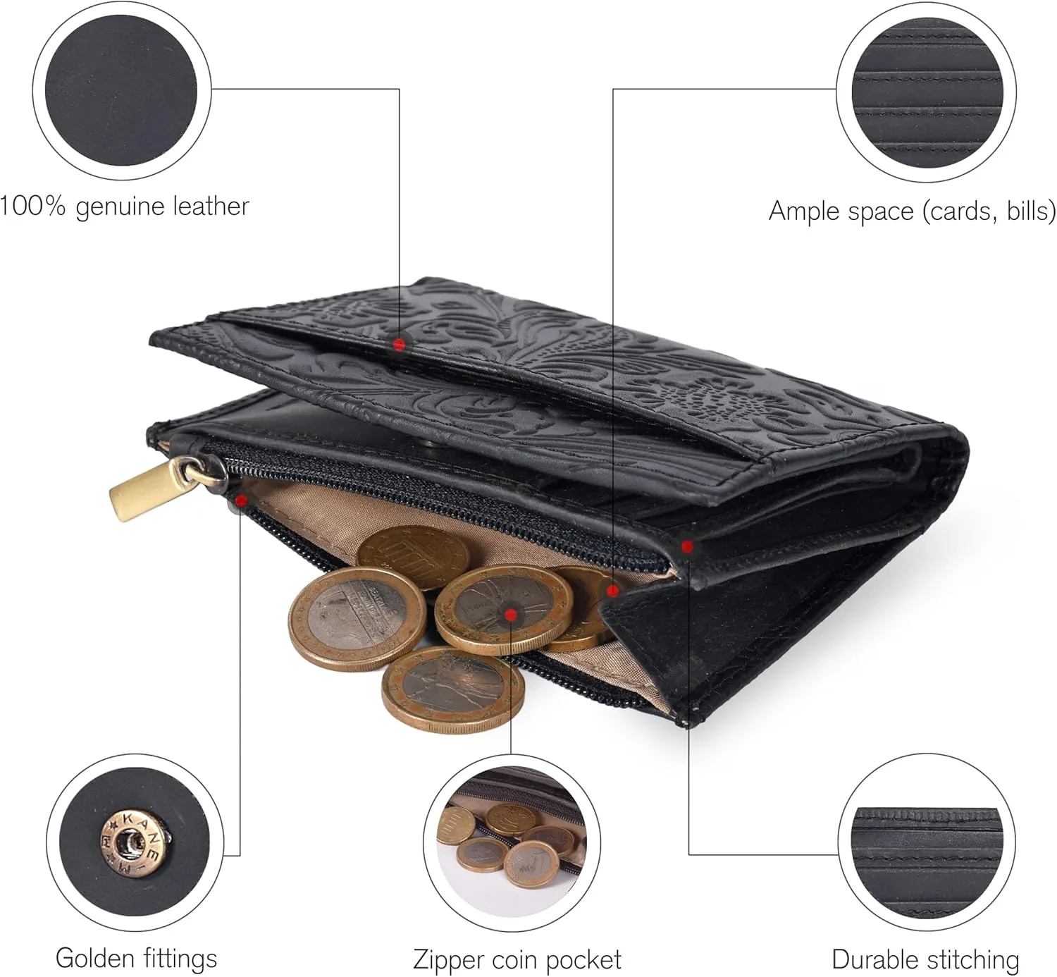 Oak Leathers Leather Wallet For Women - Small RFID Coin Purse Credit Card & ID Holder for Ladies, Gift for Women's, Bifold Wallets (Crazy Horse Black Flower)