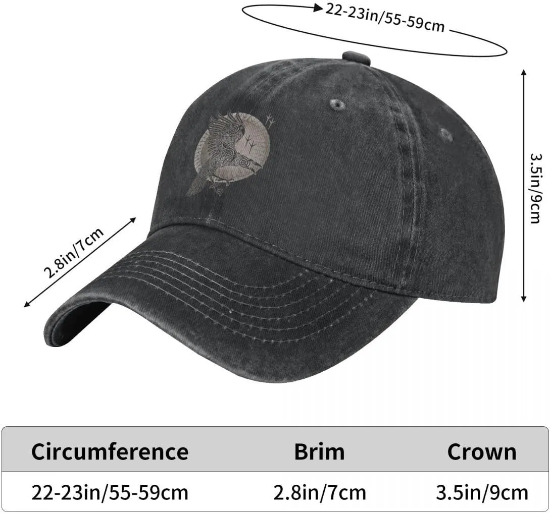 Odin Crow Denim Baseball Cap, Viking Raven Vintage Distressed Cotton Dad Hat for Men Women, Adjustable Golf Running Hat