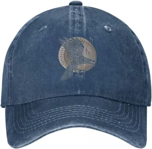 Odin Crow Denim Baseball Cap, Viking Raven Vintage Distressed Cotton Dad Hat for Men Women, Adjustable Golf Running Hat