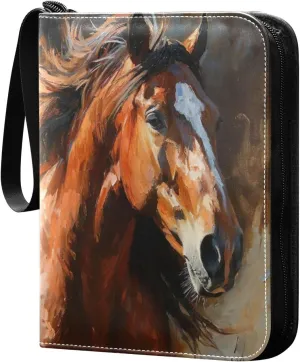 Oil Painting Horse Card Binder 4-Pocket, 400 Pockets Card Holder with 50 Removable Sleeves and Zipper for Games Baseball Football Sports Card