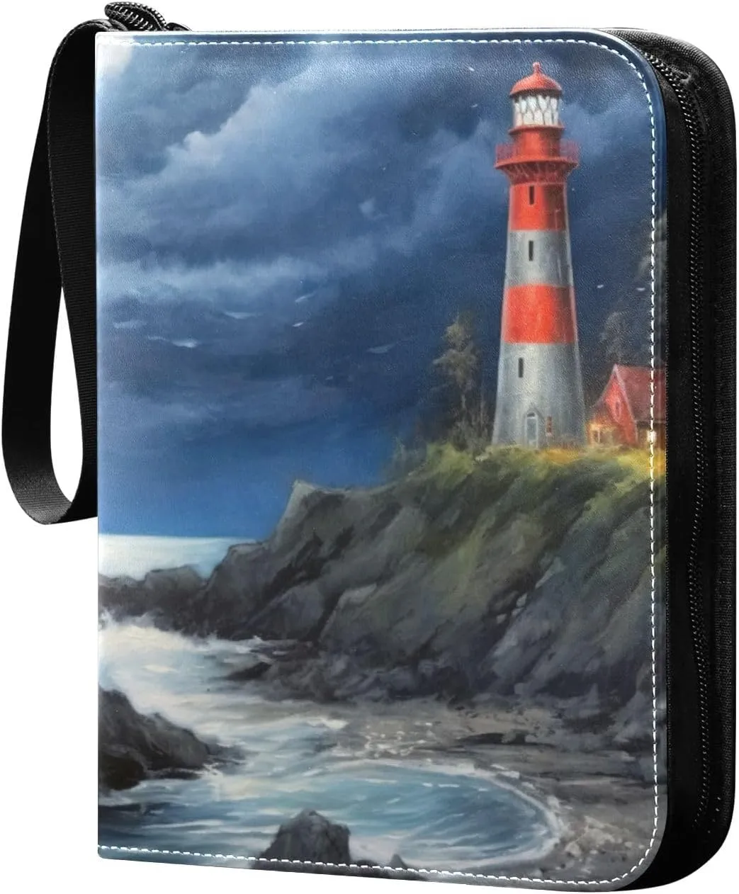 Oil Painting Lighthouse Card Binder 4-Pockets, 400 Pockets Card Holder with 50 Removable Sleeves, Trading Card Collector Zipper Album Holder, Collector Album