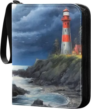 Oil Painting Lighthouse Card Binder 4-Pockets, 400 Pockets Card Holder with 50 Removable Sleeves, Trading Card Collector Zipper Album Holder, Collector Album