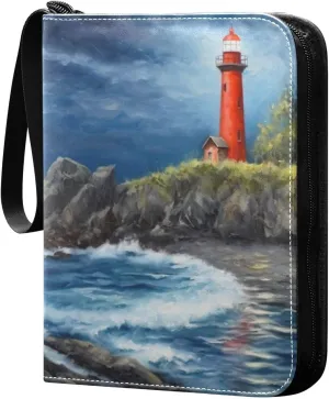 Oil Painting Lighthouse Card Binder 4-Pockets, 400 Pockets Card Holder with 50 Removable Sleeves, Trading Card Collector Zipper Album Holder, Collector Album