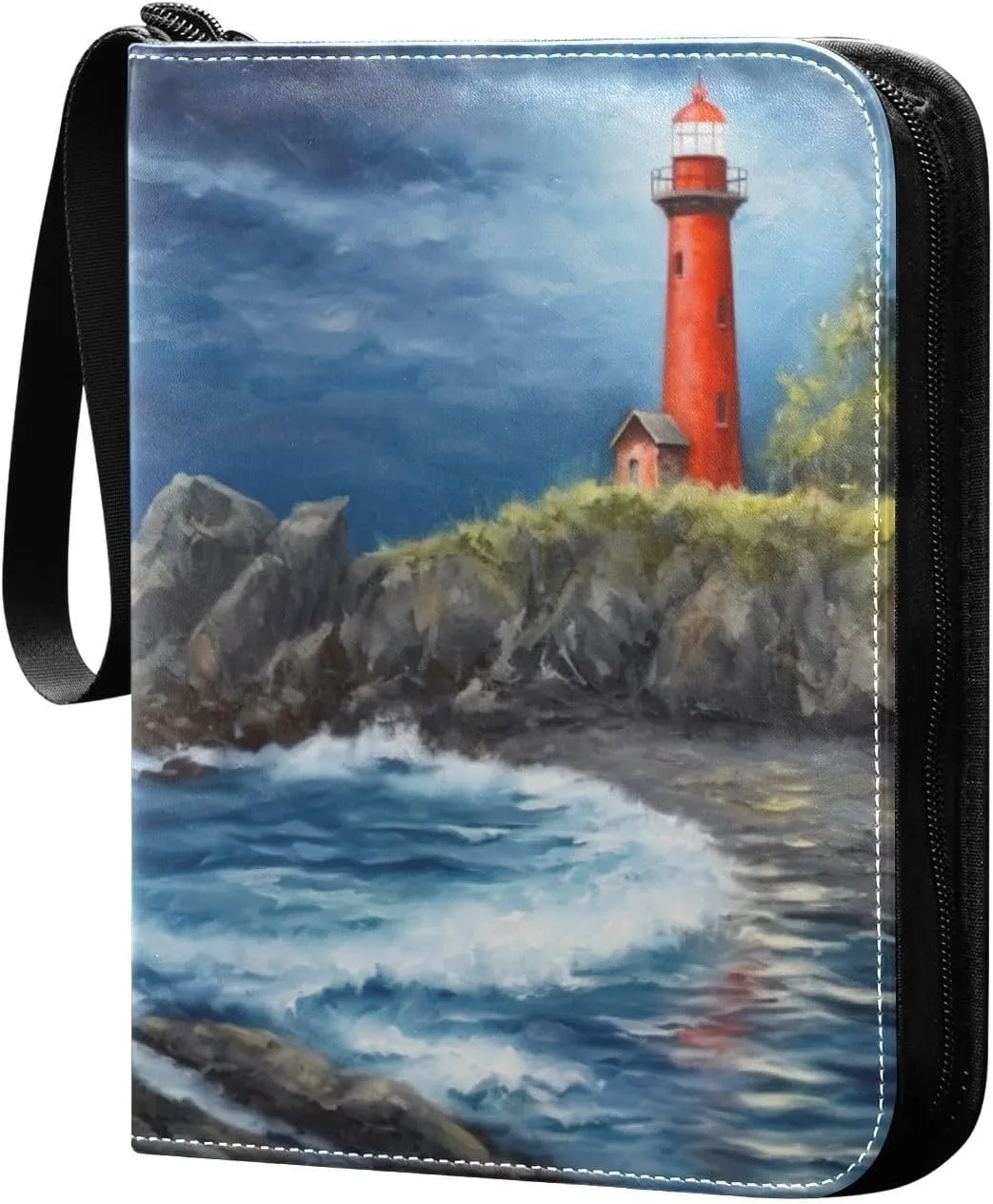 Oil Painting Lighthouse Card Binder 4-Pockets, 400 Pockets Card Holder with 50 Removable Sleeves, Trading Card Collector Zipper Album Holder, Collector Album