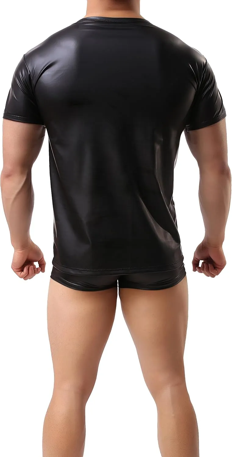 ONEFIT Men's Black Wet Look T-Shirt Faux Leather Nightwear Tops Undershirt
