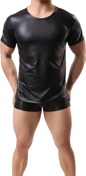 ONEFIT Men's Black Wet Look T-Shirt Faux Leather Nightwear Tops Undershirt