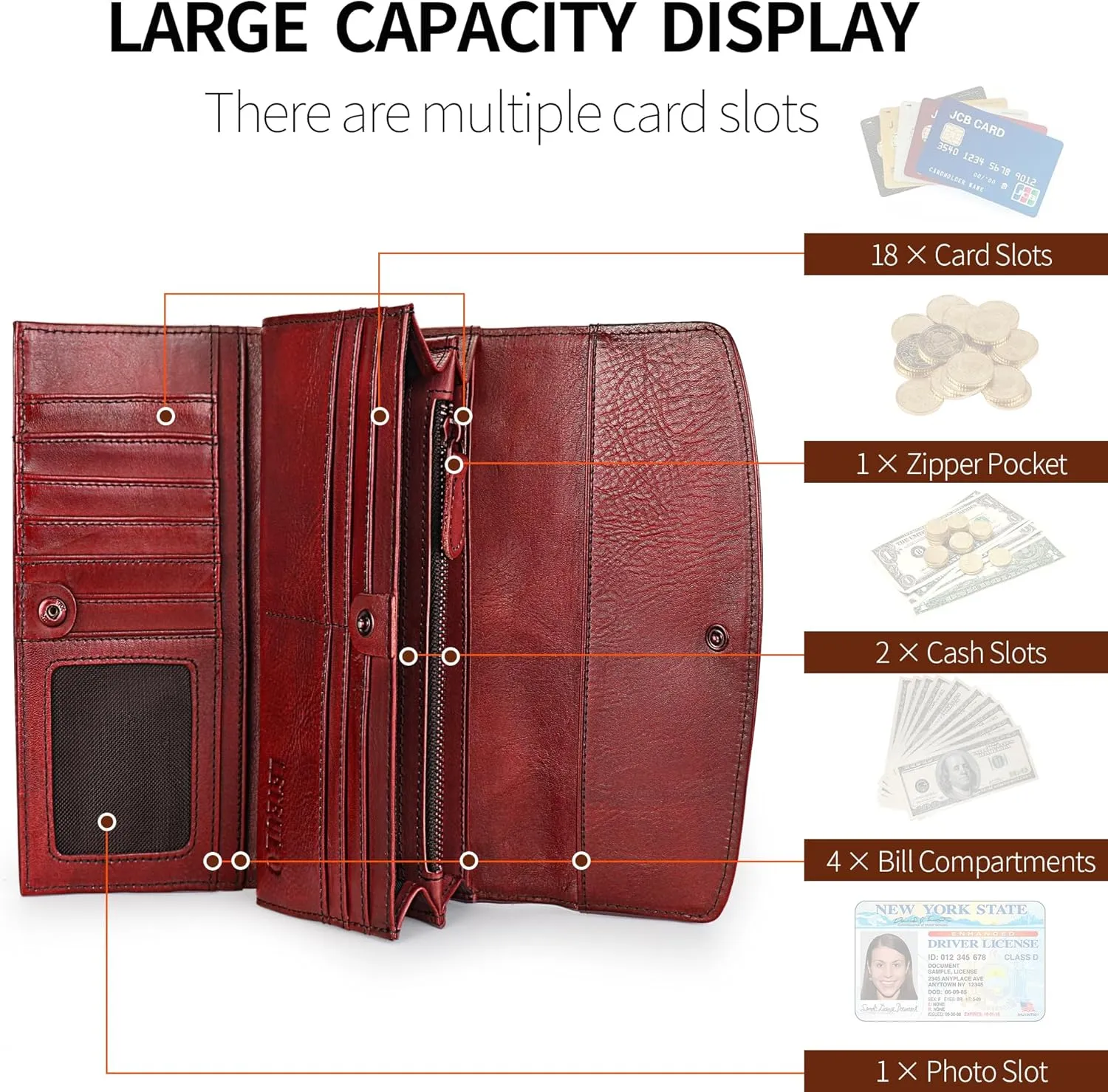 ORIREAL Wallets for Women Large Capacity Leather Clutch Wallet Card Organizer Women's Purse