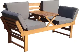 Outdoor Acacia Wood Patio 3 Seat Lounge with Fold Down Center Table - Weather Resistant Ourdoor Furniture with Wooden Frame Structure for Garden and Lounge - Outdoor Patio Lounge Bench