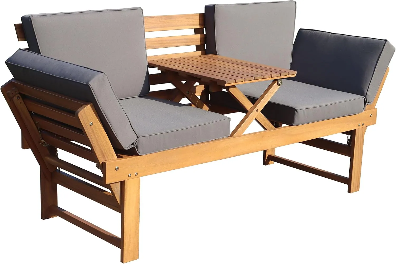 Outdoor Acacia Wood Patio 3 Seat Lounge with Fold Down Center Table - Weather Resistant Ourdoor Furniture with Wooden Frame Structure for Garden and Lounge - Outdoor Patio Lounge Bench