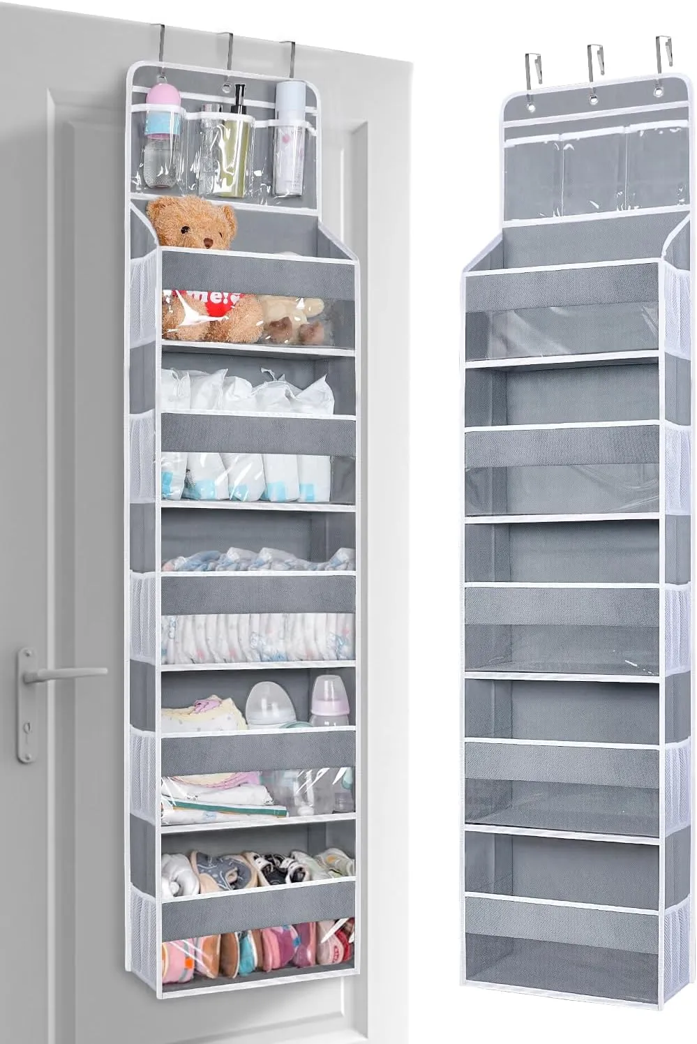 Over the Door Organizer Hanging Storage with 3 Clear Slip Pockets and 5 Large Pockets for Closet Door Organization - Heavy Duty for Bathroom, Pantry, Bedroom, Nursery