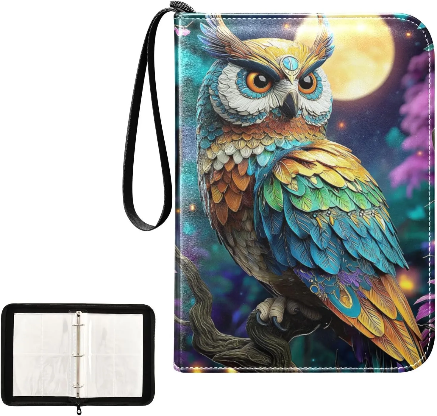 Owl Colorful Feathers Moon Card Binder 4 Pocket, Trading Card Holder Fits 400 Game Cards with 50 Removable Sleeves, MTG Card Case Standard Size
