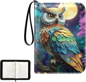 Owl Colorful Feathers Moon Card Binder 4 Pocket, Trading Card Holder Fits 400 Game Cards with 50 Removable Sleeves, MTG Card Case Standard Size