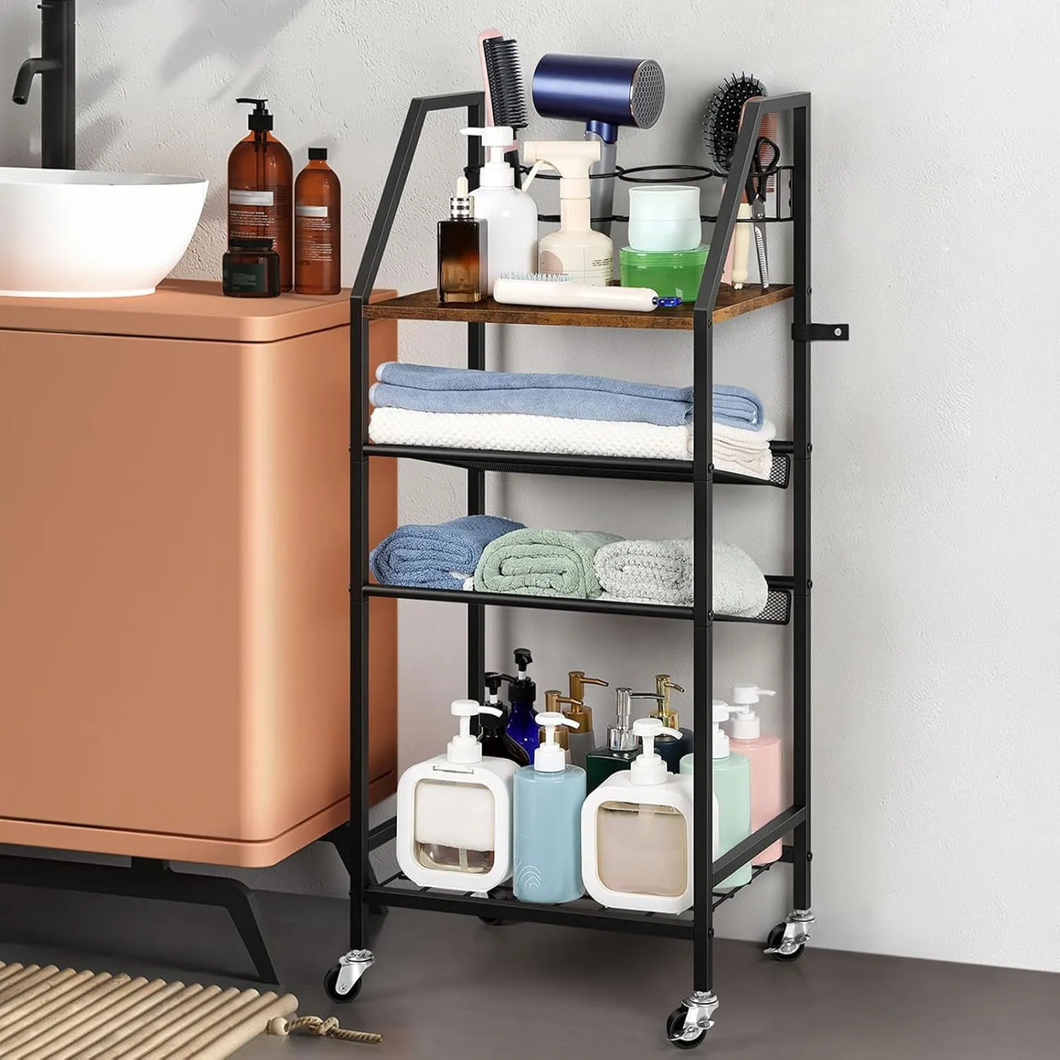 OYEAL Rolling Makeup Storage Cart with Wheels, 4 Tier Hair Tool Organizer Slim Bathroom Storage Cart with Hair Dryer Holder for Towels, Skin Care, Brush, Rustic Brown