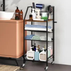 OYEAL Rolling Makeup Storage Cart with Wheels, 4 Tier Hair Tool Organizer Slim Bathroom Storage Cart with Hair Dryer Holder for Towels, Skin Care, Brush, Rustic Brown