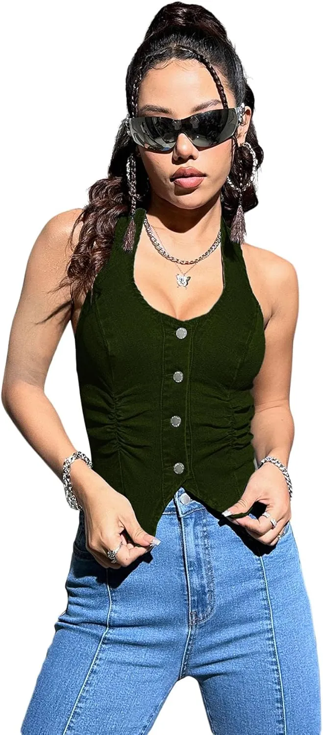 OYOANGLE Women's Vintage Denim Crop Tank Button Front Sleeveless Halter Jean Vest