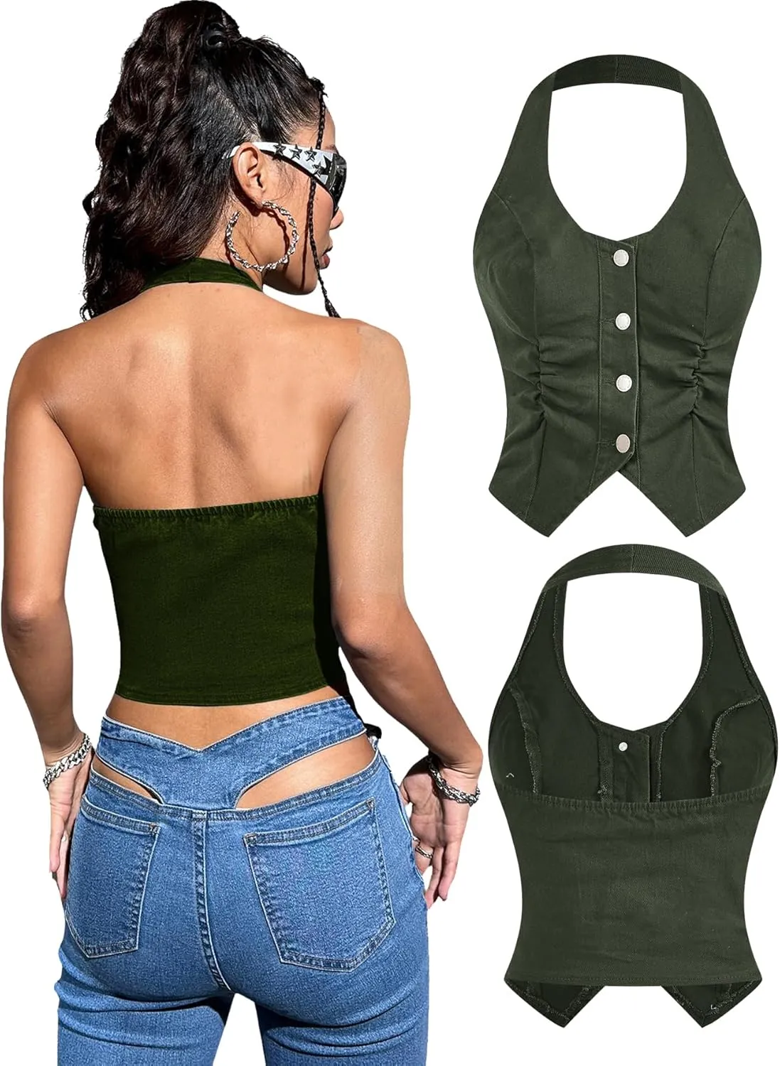OYOANGLE Women's Vintage Denim Crop Tank Button Front Sleeveless Halter Jean Vest