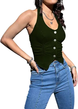 OYOANGLE Women's Vintage Denim Crop Tank Button Front Sleeveless Halter Jean Vest
