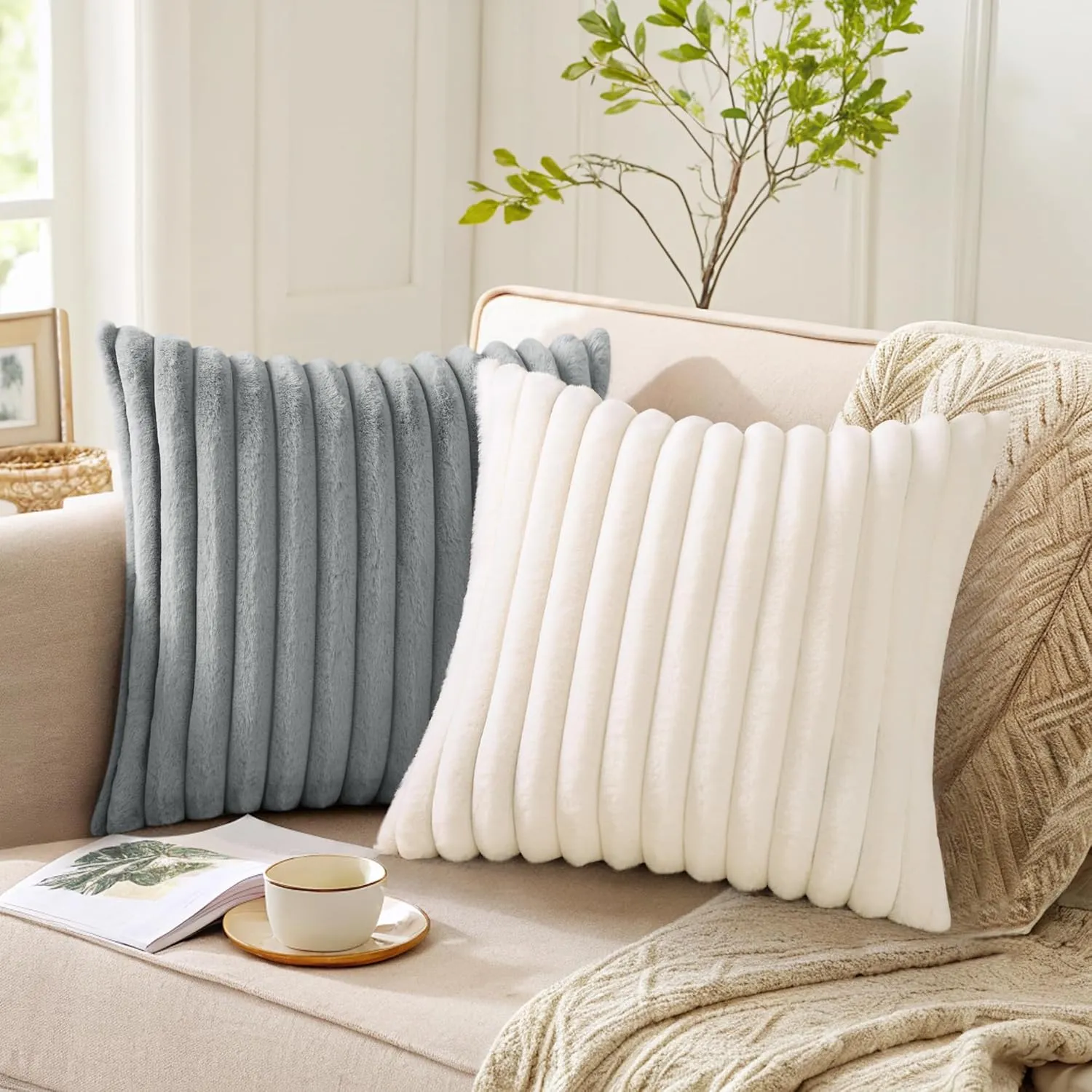 Pallene Faux Fur Plush Throw Pillow Covers 18x18 Set of 2, Luxury Soft Fluffy Striped Decorative Pillow Covers for Sofa, Couch, Living Room, Grey