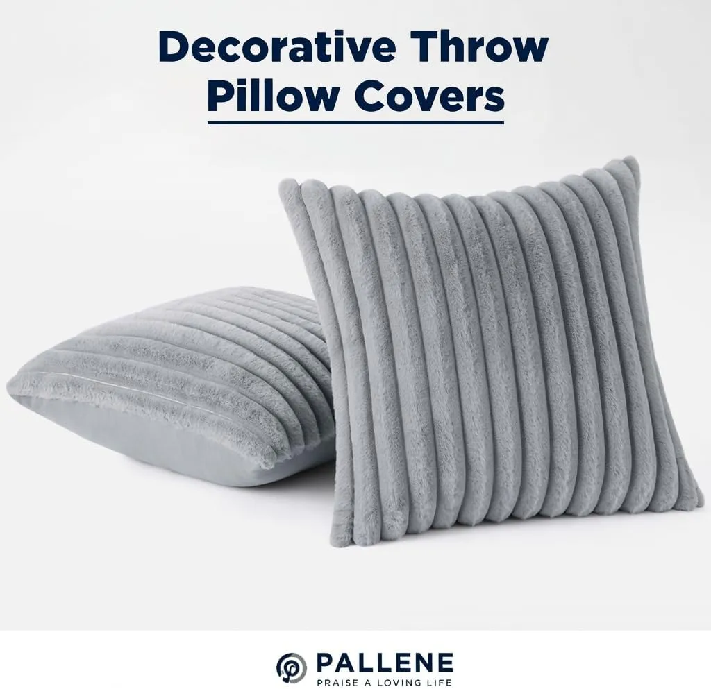 Pallene Faux Fur Plush Throw Pillow Covers 18x18 Set of 2, Luxury Soft Fluffy Striped Decorative Pillow Covers for Sofa, Couch, Living Room, Grey