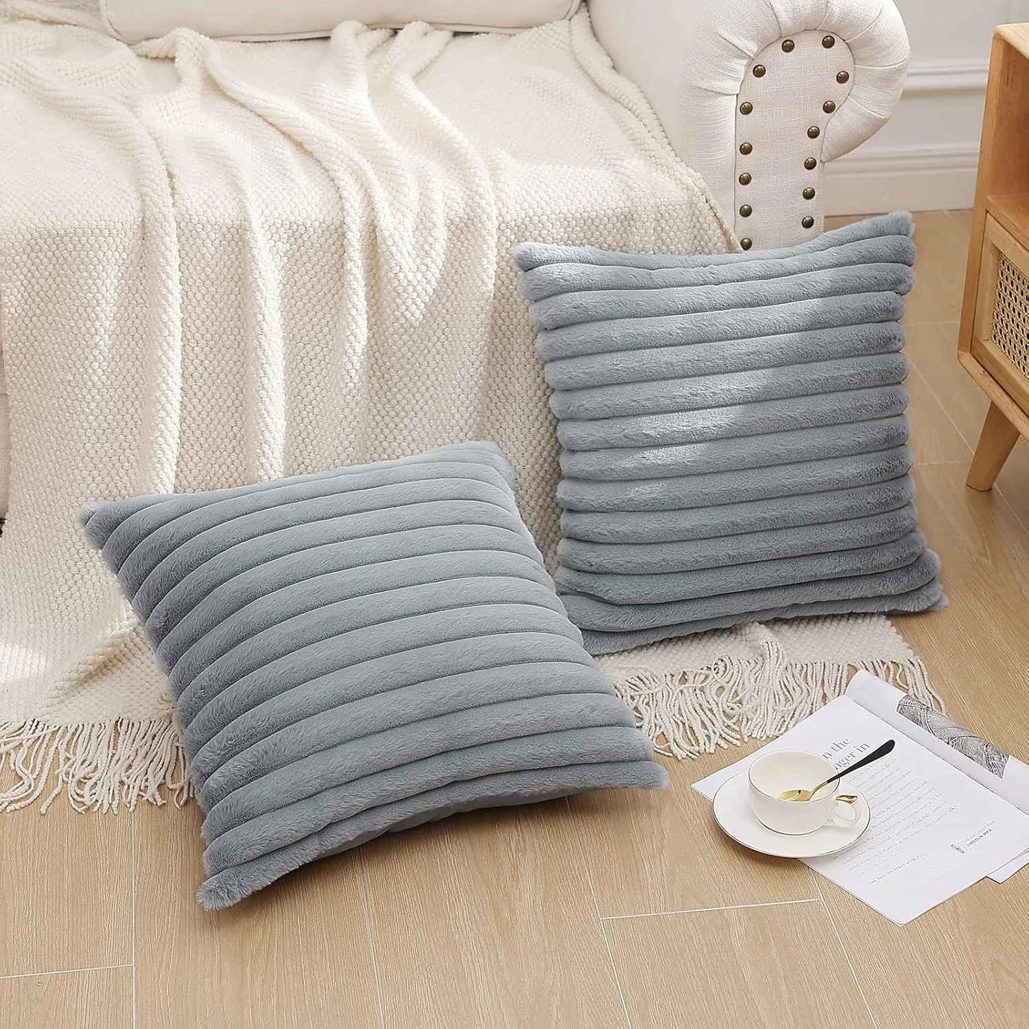 Pallene Faux Fur Plush Throw Pillow Covers 18x18 Set of 2, Luxury Soft Fluffy Striped Decorative Pillow Covers for Sofa, Couch, Living Room, Grey