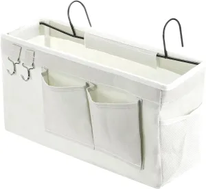 PATIKIL Bedside Caddy, Bed Caddy Bunk Bed Caddy Bedside Organizer Bunk Bed Hanging Storage Caddy Bag with Hooks for College Dorm Bunk Bed Rails Headboards, White