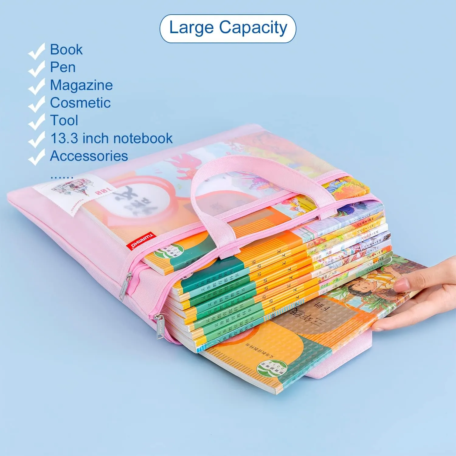 Pendancy Mesh Zipper Pouch 11x13.7 in, 2 pcs Large Double Pocket Waterproof File Bag with Handle, A4 Size Foldable Document Storage for Puzzle Project/Cross Stitch/Travel/Office（Blue Pink）