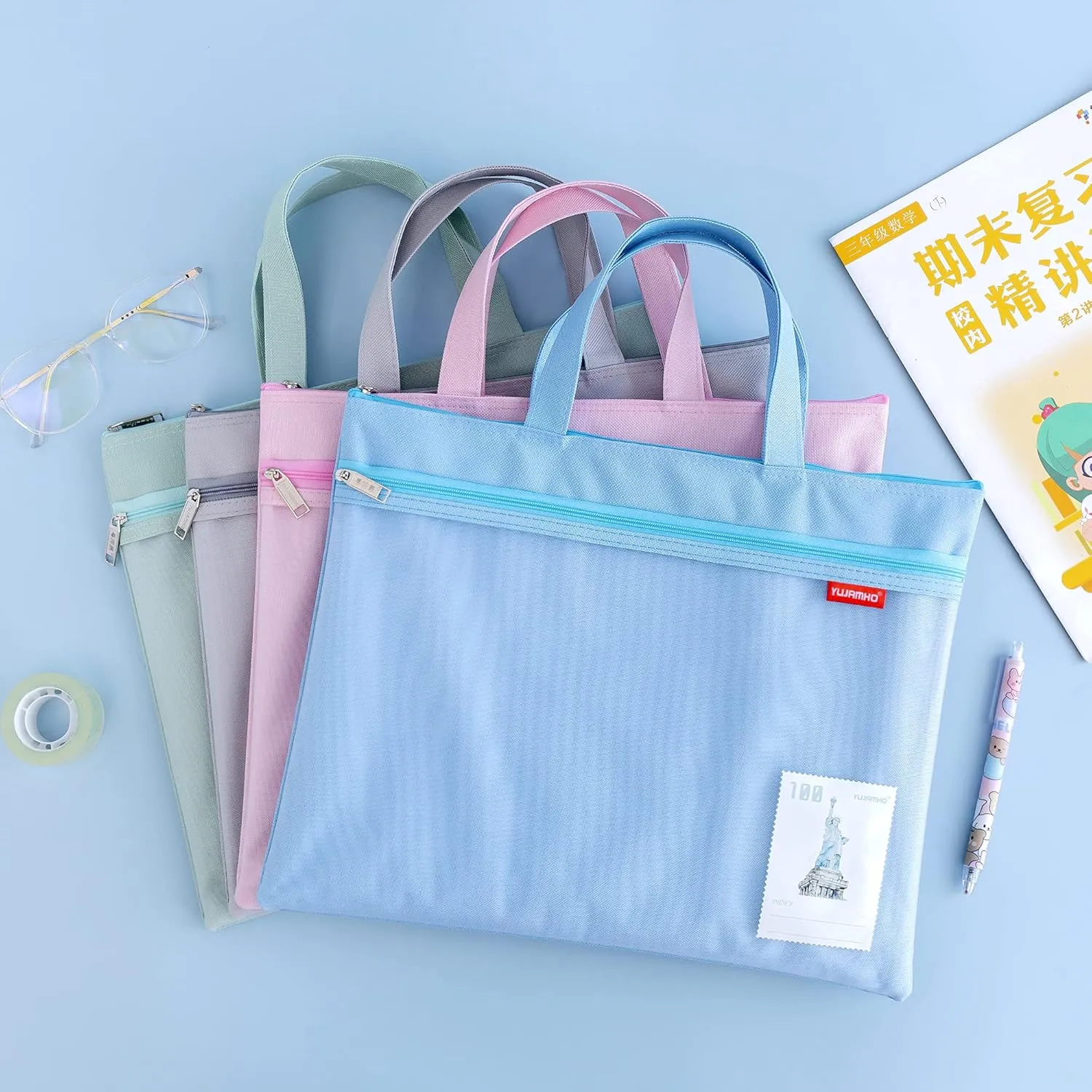Pendancy Mesh Zipper Pouch 11x13.7 in, 2 pcs Large Double Pocket Waterproof File Bag with Handle, A4 Size Foldable Document Storage for Puzzle Project/Cross Stitch/Travel/Office（Blue Pink）