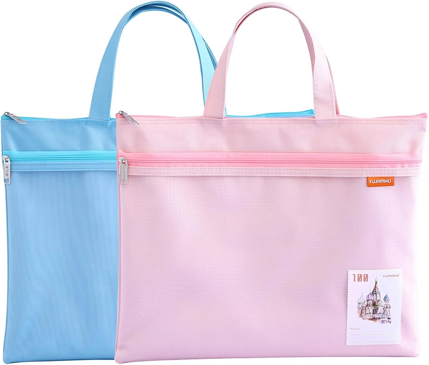 Pendancy Mesh Zipper Pouch 11x13.7 in, 2 pcs Large Double Pocket Waterproof File Bag with Handle, A4 Size Foldable Document Storage for Puzzle Project/Cross Stitch/Travel/Office（Blue Pink）