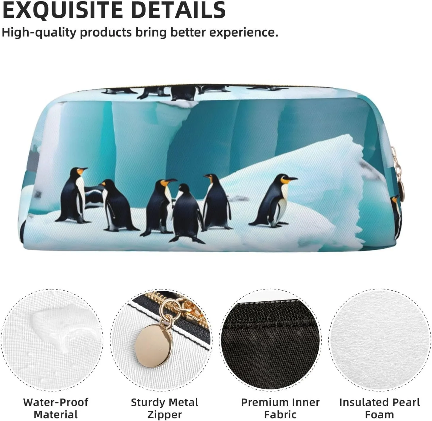 Penguins On The Iceberg Print Large Capacity Pencil Case,Pencil Pouch With Zipper, Durable Leather Pen Bag For Office, Travel