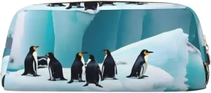 Penguins On The Iceberg Print Large Capacity Pencil Case,Pencil Pouch With Zipper, Durable Leather Pen Bag For Office, Travel